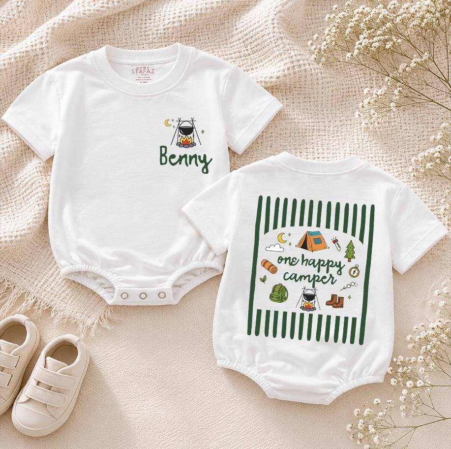 One Happy Camper 1st Birthday Outfit Set with Custom Name, Matching Family Camping Shirts and Baby Romper for Cake Smash