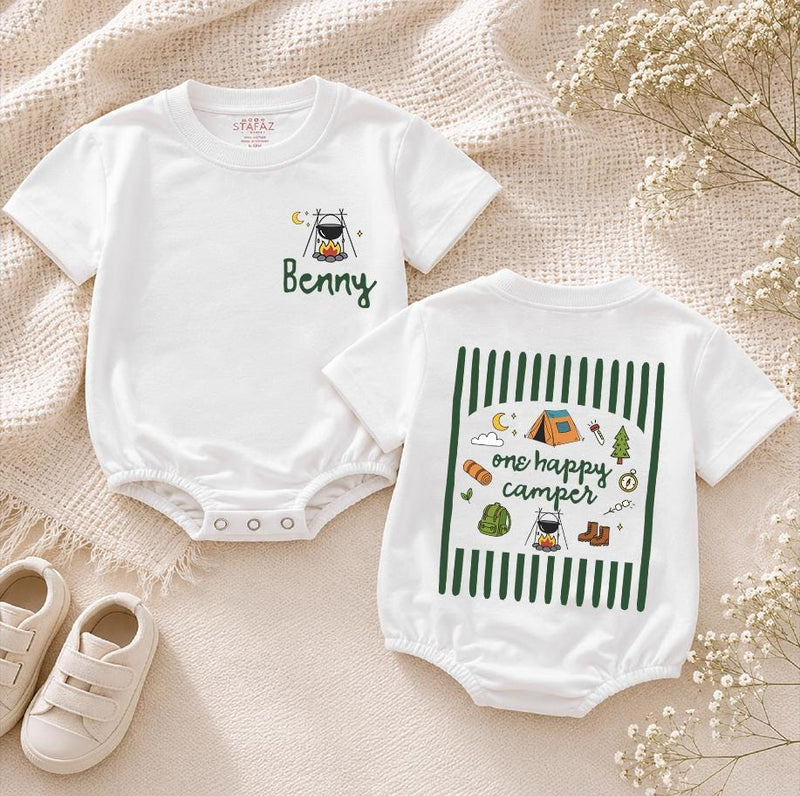 One Happy Camper 1st Birthday Outfit Set with Custom Name, Matching Family Camping Shirts and Baby Romper for Cake Smash