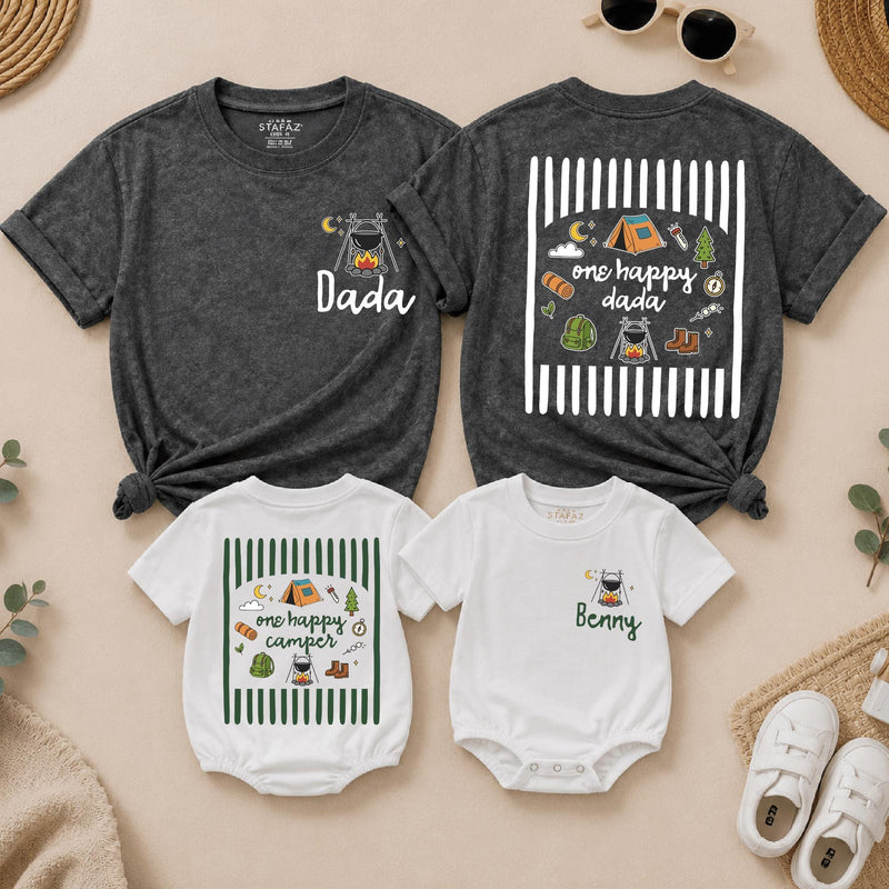 One Happy Camper 1st Birthday Outfit Set with Custom Name, Matching Family Camping Shirts and Baby Romper for Cake Smash