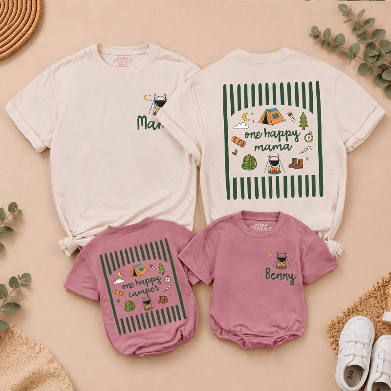 One Happy Camper 1st Birthday Outfit Set with Custom Name, Matching Family Camping Shirts and Baby Romper for Cake Smash