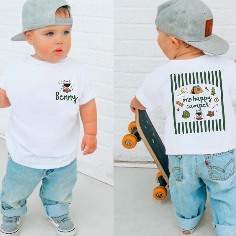 One Happy Camper 1st Birthday Outfit Set with Custom Name, Matching Family Camping Shirts and Baby Romper for Cake Smash
