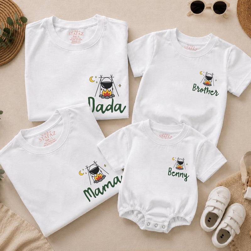 One Happy Camper 1st Birthday Outfit Set with Custom Name, Matching Family Camping Shirts and Baby Romper for Cake Smash