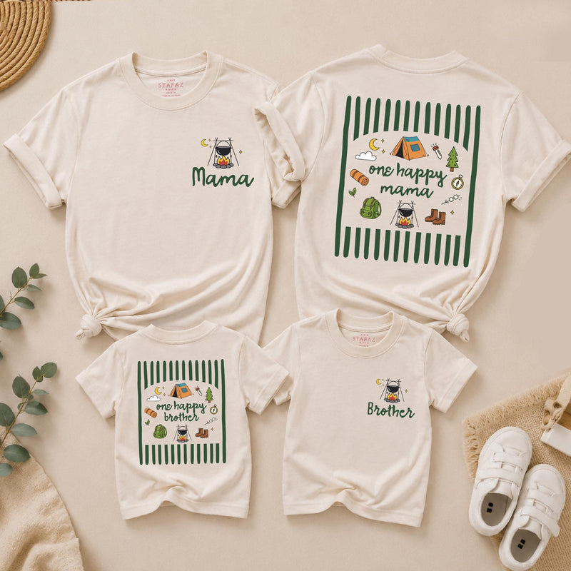 One Happy Camper 1st Birthday Outfit Set with Custom Name, Matching Family Camping Shirts and Baby Romper for Cake Smash