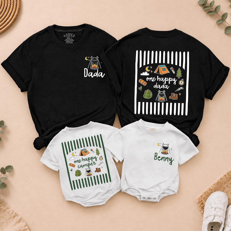 One Happy Camper 1st Birthday Outfit Set with Custom Name, Matching Family Camping Shirts and Baby Romper for Cake Smash