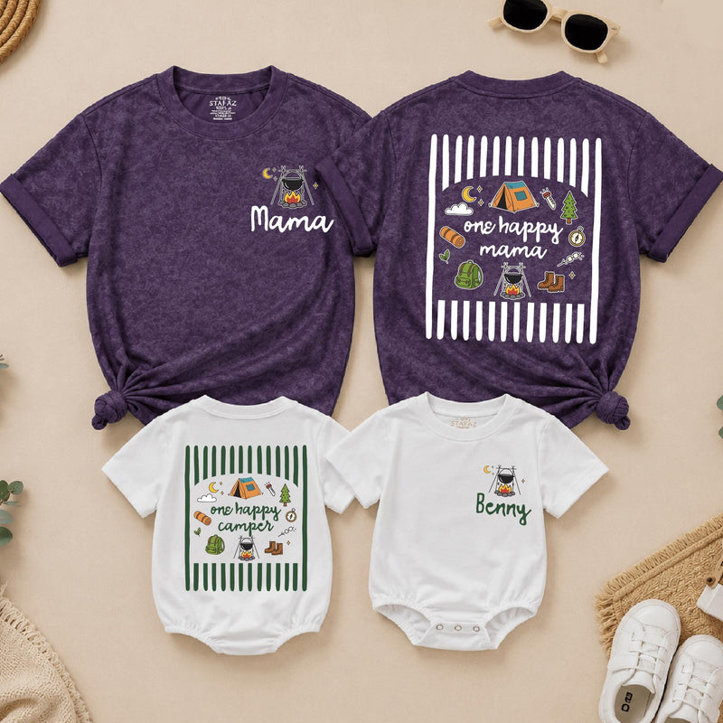 One Happy Camper 1st Birthday Outfit Set with Custom Name, Matching Family Camping Shirts and Baby Romper for Cake Smash