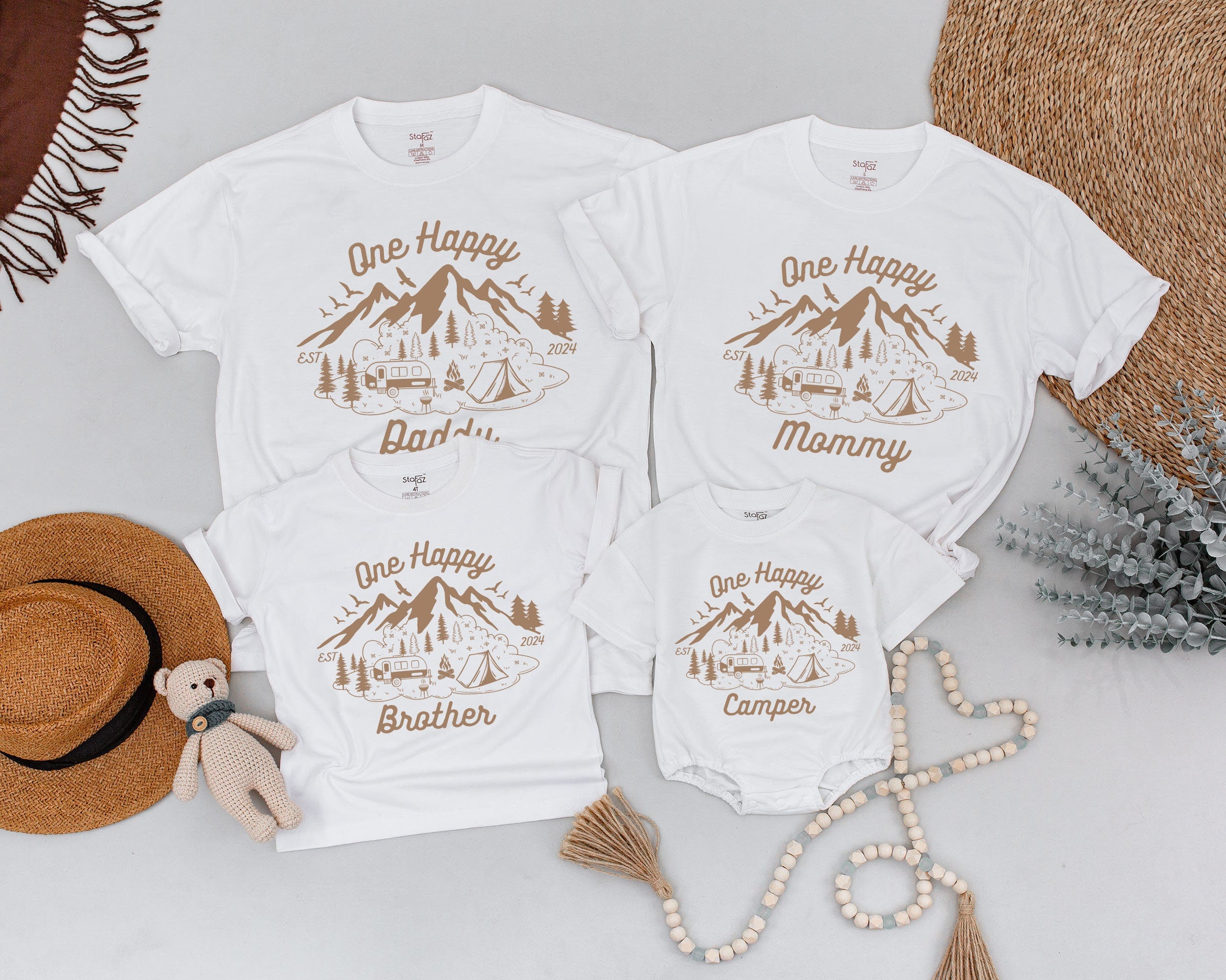 One Happy Camper 1st Birthday Shirt Family Matching Camp Tees Rustic Mountain Scene Custom Soft Cotton Toddler Infant Gift