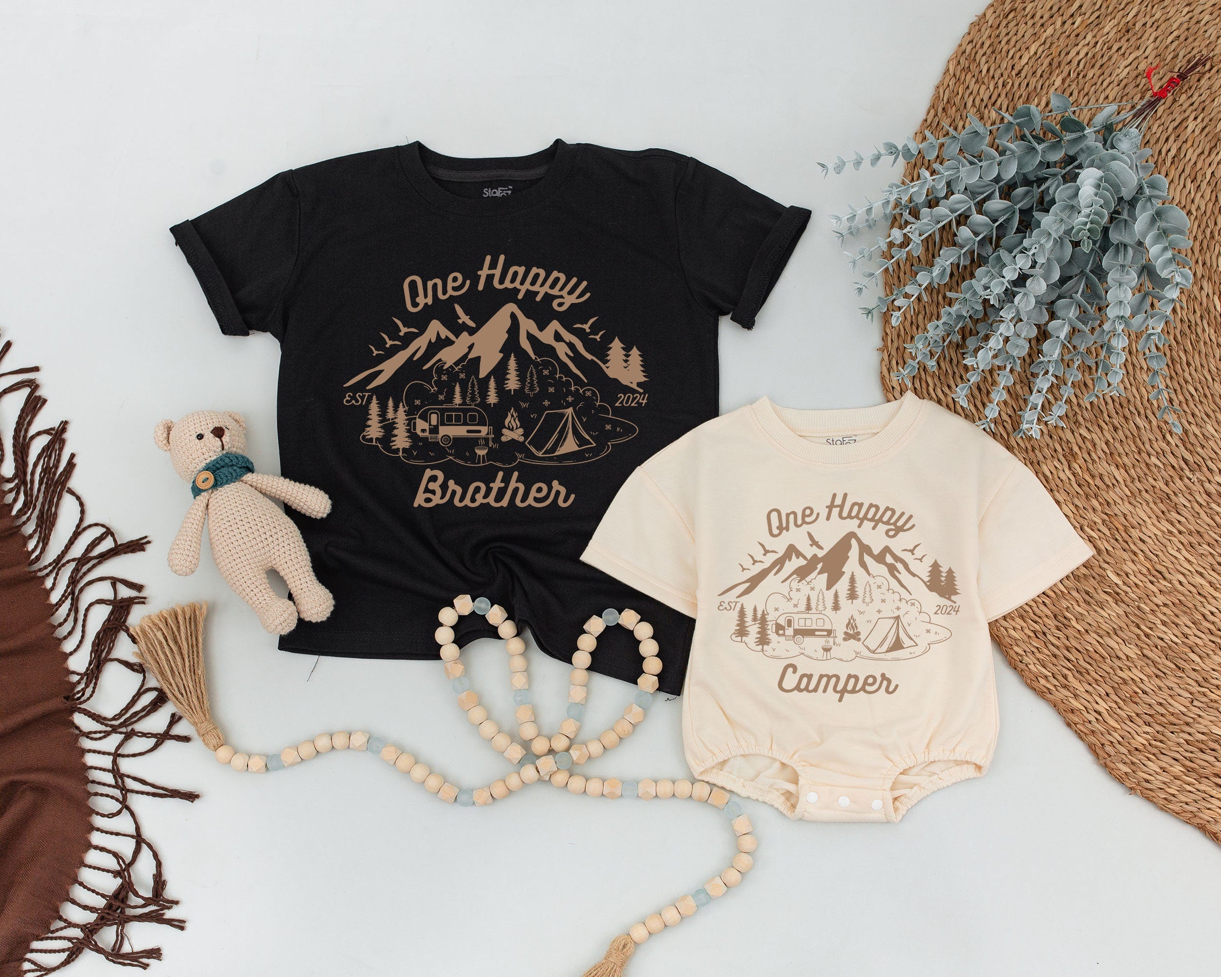 One Happy Camper 1st Birthday Shirt Family Matching Camp Tees Rustic Mountain Scene Custom Soft Cotton Toddler Infant Gift