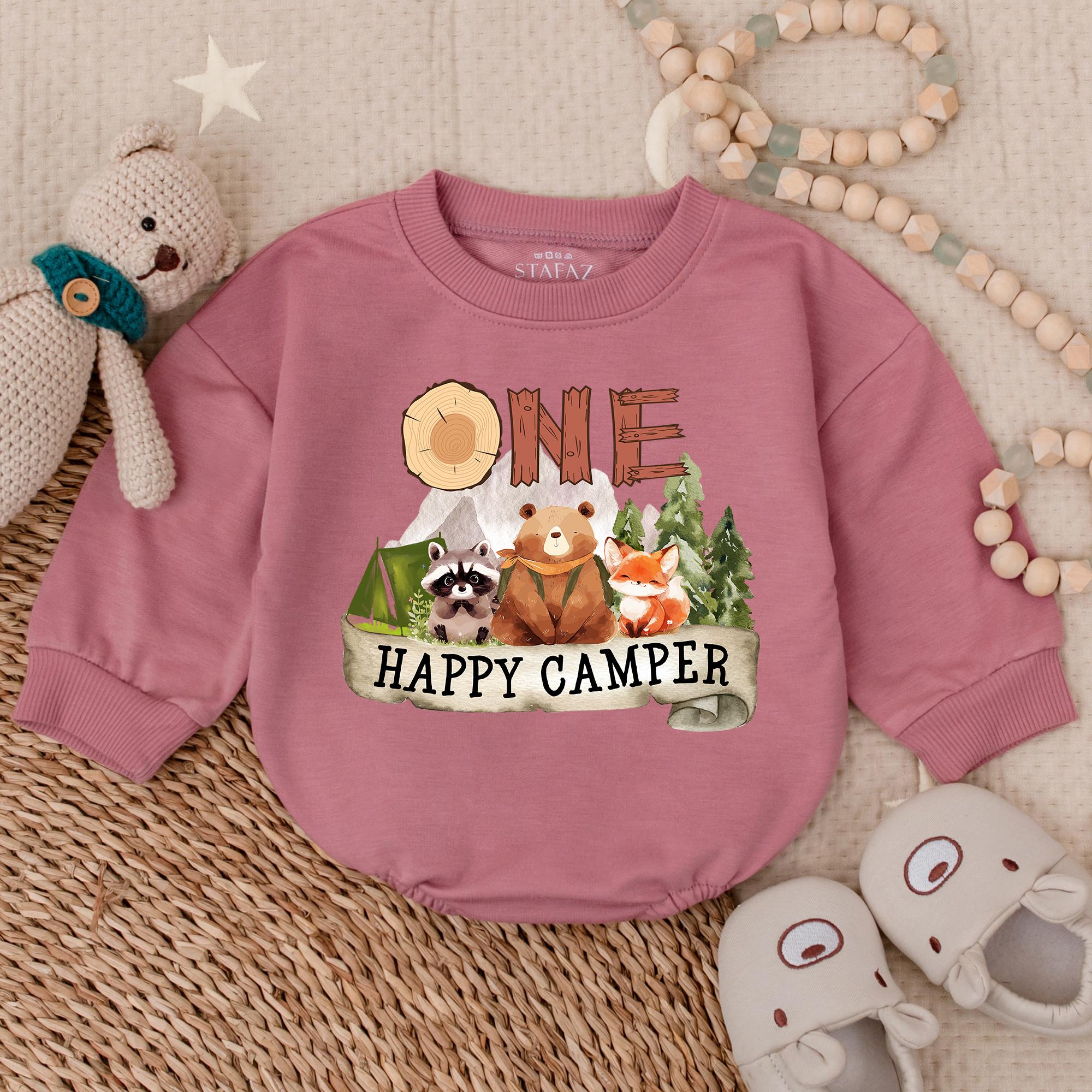 One Happy Camper Bubble Romper Boys First Birthday Outfit Adventure Baby Clothes Raccoon Bear Fox Design Cotton Soft Comfortable