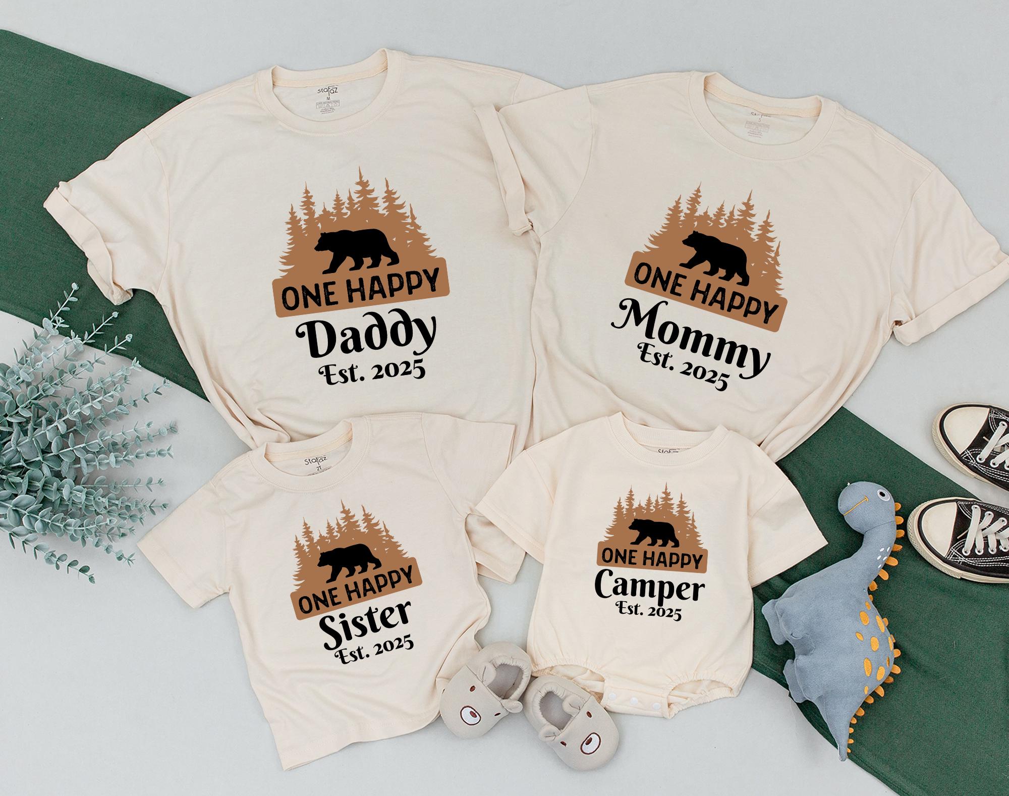 One Happy Camper Family Matching Shirts Personalized Rustic Bear Design Cozy Birthday Outfits Cotton Soft Custom Names Est. 2025 Gift