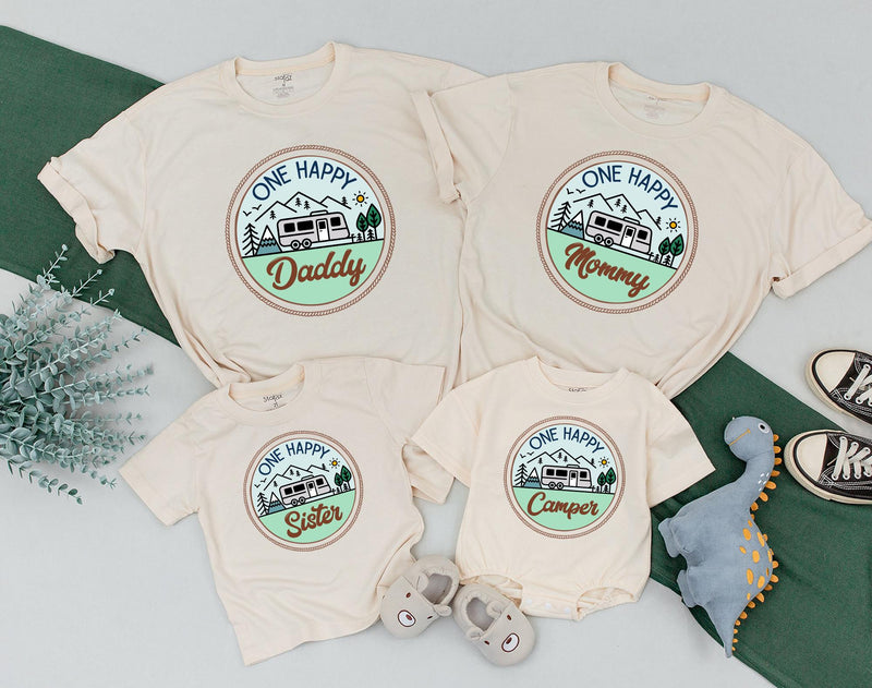 One Happy Camper Family Shirt Personalized Birthday Outfit Earthy Camping Theme Soft Cotton Design for Baby Toddler First Birthday