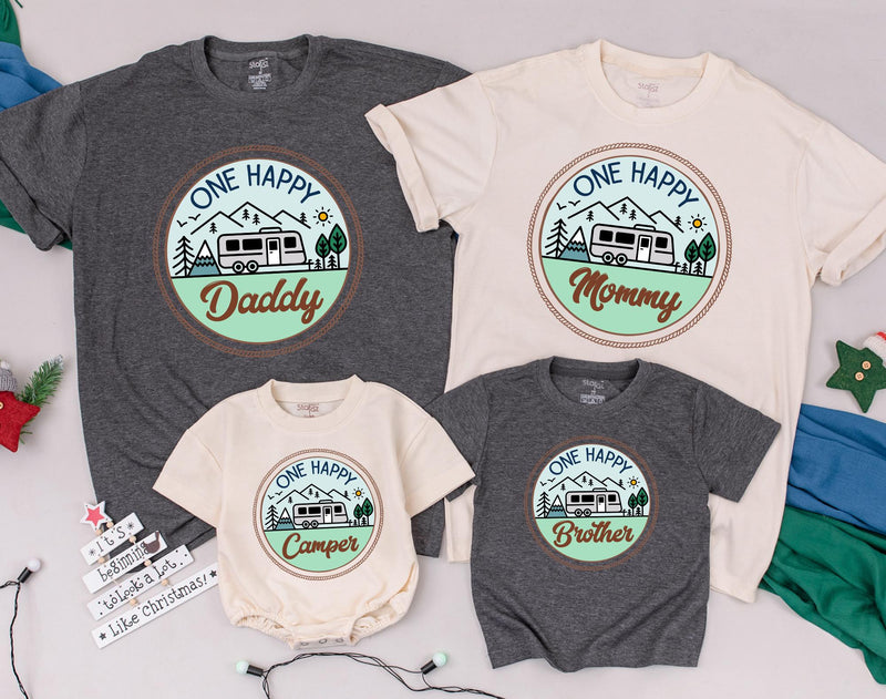 One Happy Camper Family Shirt Personalized Birthday Outfit Earthy Camping Theme Soft Cotton Design for Baby Toddler First Birthday