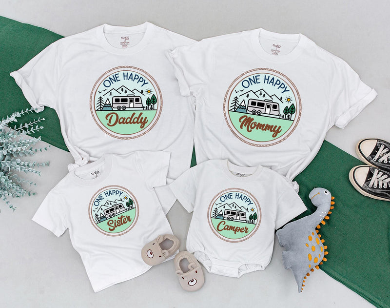 One Happy Camper Family Shirt Personalized Birthday Outfit Earthy Camping Theme Soft Cotton Design for Baby Toddler First Birthday