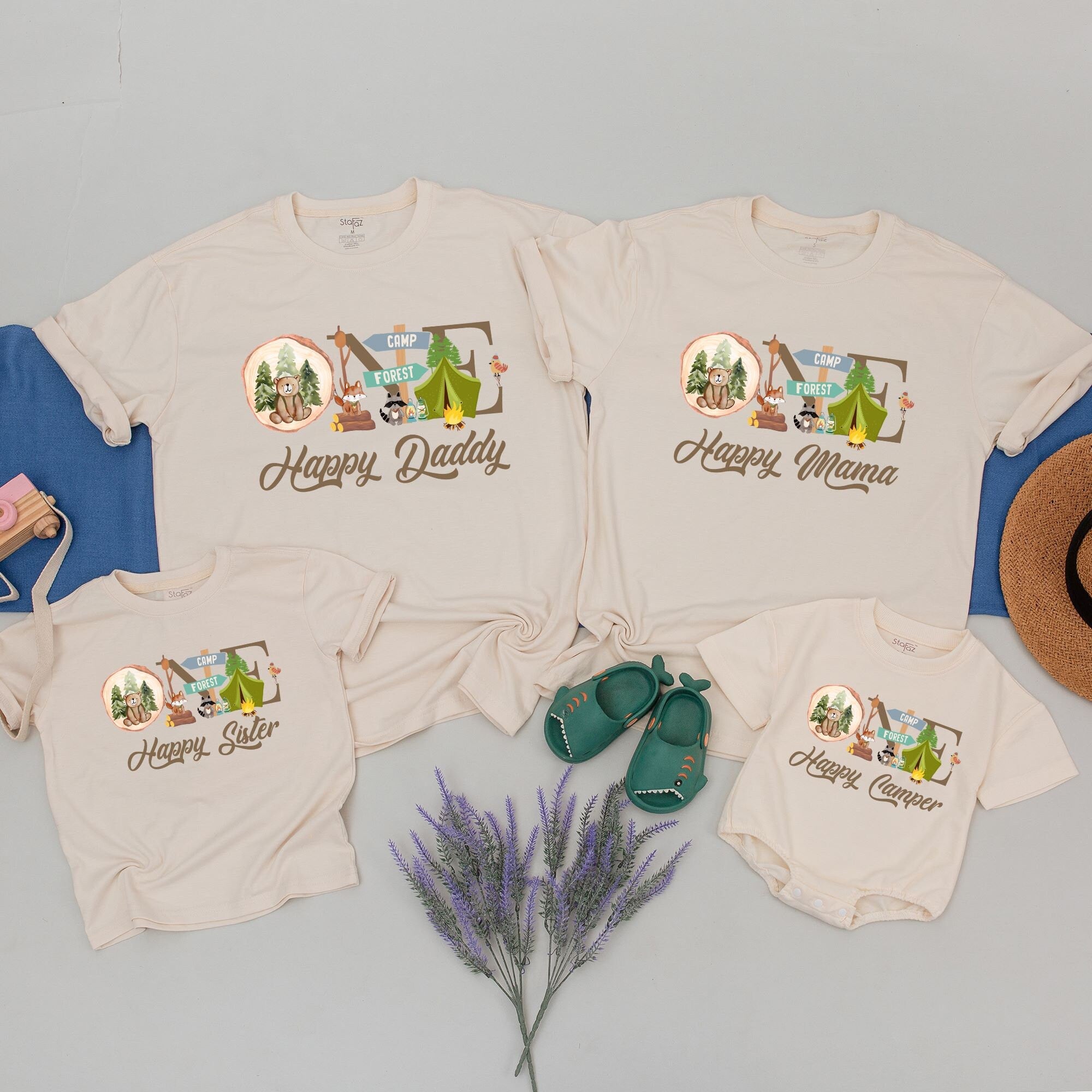 One Happy Camper Matching Family Tees Cozy Camping Theme First Birthday Outfit Personalized Names Soft Cotton Comfortable Gift