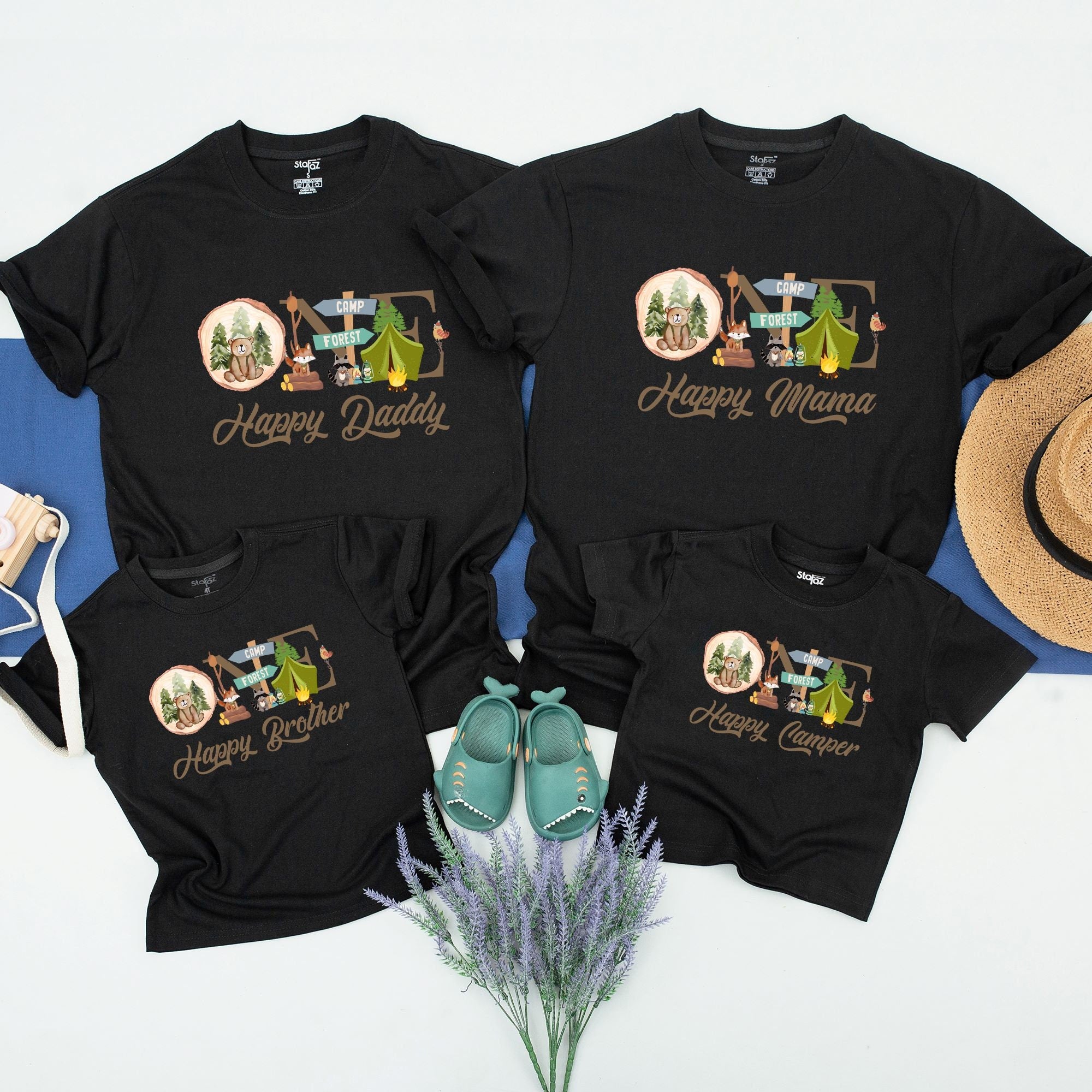 One Happy Camper Matching Family Tees Cozy Camping Theme First Birthday Outfit Personalized Names Soft Cotton Comfortable Gift