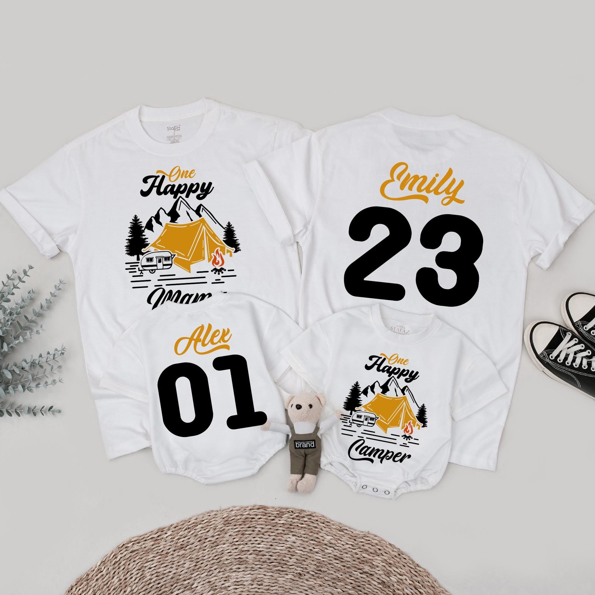 One Happy Camper Personalized Birthday Shirt Matching Family Camping Outfit Soft Cotton Toddler Infant Baby Custom Name First Birthday Gift