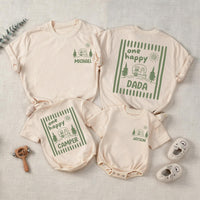 One Happy Camper Personalized Name Family Shirts and Baby Romper Minimalist Sage Green Camping Birthday Cotton Tees for Kids and Adults