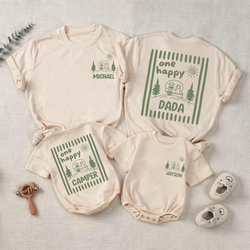 One Happy Camper Personalized Name Family Shirts and Baby Romper Minimalist Sage Green Camping Birthday Cotton Tees for Kids and Adults