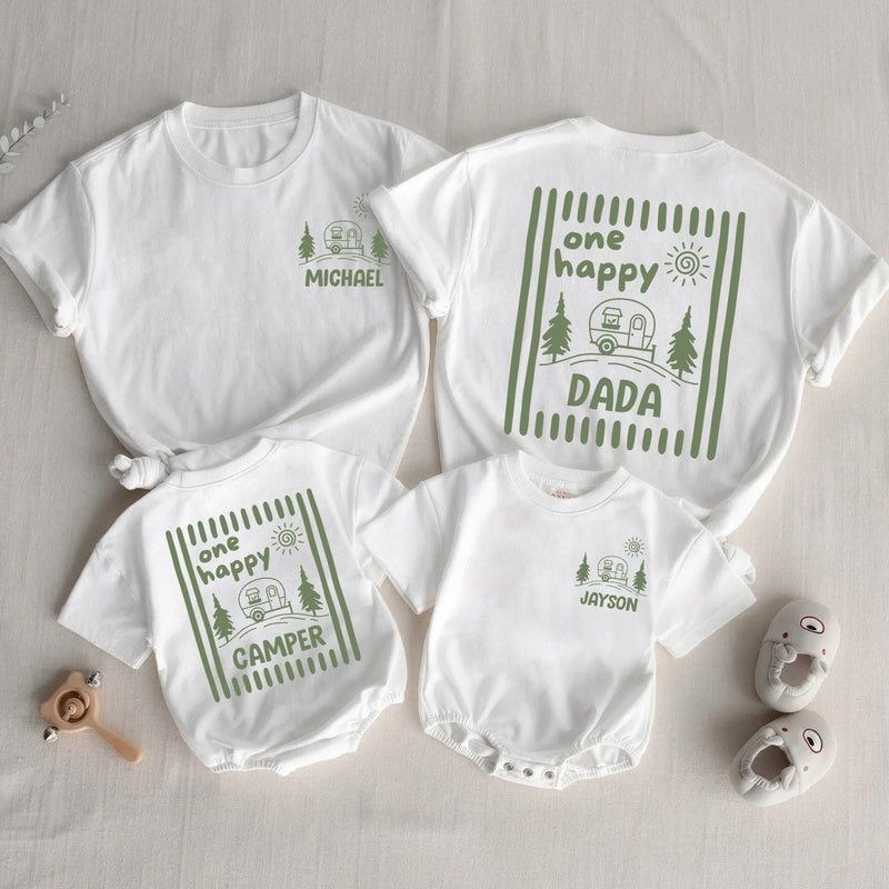 One Happy Camper Personalized Name Family Shirts and Baby Romper Minimalist Sage Green Camping Birthday Cotton Tees for Kids and Adults