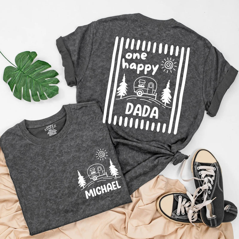 One Happy Camper Personalized Name Family Shirts and Baby Romper Minimalist Sage Green Camping Birthday Cotton Tees for Kids and Adults
