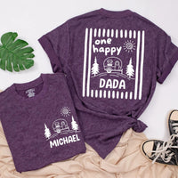One Happy Camper Personalized Name Family Shirts and Baby Romper Minimalist Sage Green Camping Birthday Cotton Tees for Kids and Adults