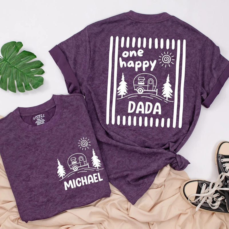 One Happy Camper Personalized Name Family Shirts and Baby Romper Minimalist Sage Green Camping Birthday Cotton Tees for Kids and Adults