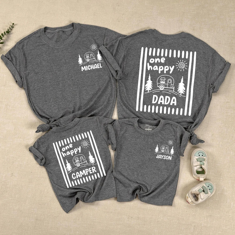 One Happy Camper Personalized Name Family Shirts and Baby Romper Minimalist Sage Green Camping Birthday Cotton Tees for Kids and Adults