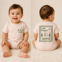 One Happy Camper Personalized Name Family Shirts and Baby Romper Minimalist Sage Green Camping Birthday Cotton Tees for Kids and Adults