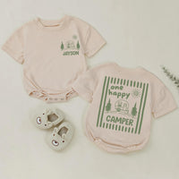 One Happy Camper Personalized Name Family Shirts and Baby Romper Minimalist Sage Green Camping Birthday Cotton Tees for Kids and Adults