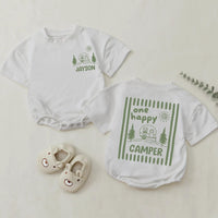One Happy Camper Personalized Name Family Shirts and Baby Romper Minimalist Sage Green Camping Birthday Cotton Tees for Kids and Adults