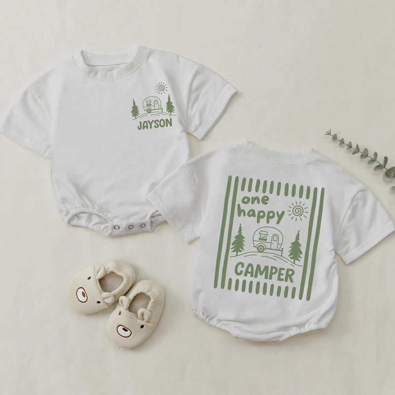 One Happy Camper Personalized Name Family Shirts and Baby Romper Minimalist Sage Green Camping Birthday Cotton Tees for Kids and Adults