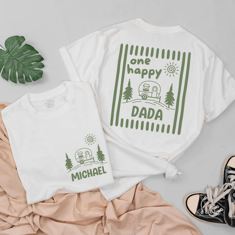 One Happy Camper Personalized Name Family Shirts and Baby Romper Minimalist Sage Green Camping Birthday Cotton Tees for Kids and Adults
