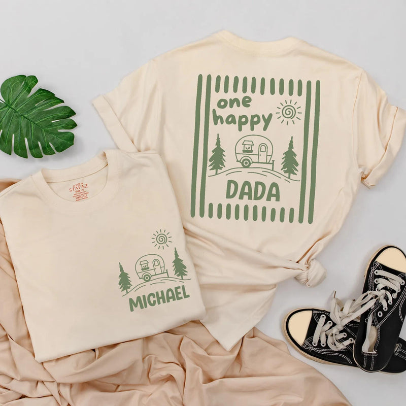 One Happy Camper Personalized Name Family Shirts and Baby Romper Minimalist Sage Green Camping Birthday Cotton Tees for Kids and Adults