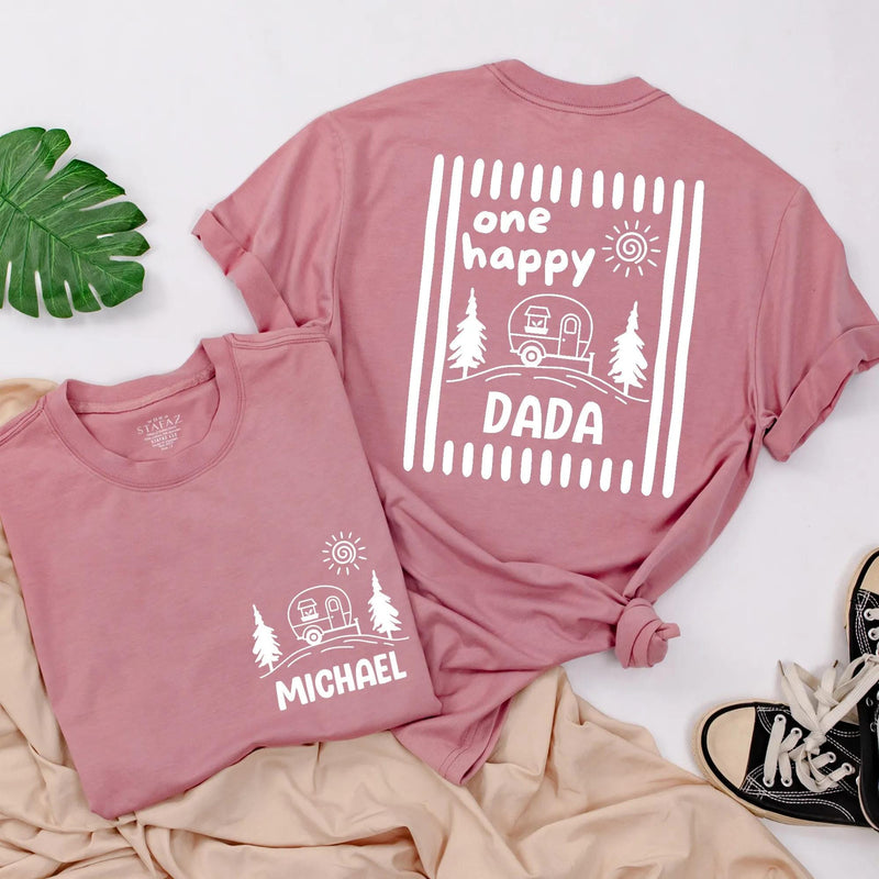 One Happy Camper Personalized Name Family Shirts and Baby Romper Minimalist Sage Green Camping Birthday Cotton Tees for Kids and Adults