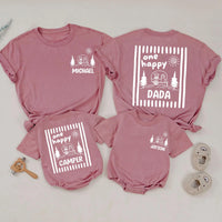 One Happy Camper Personalized Name Family Shirts and Baby Romper Minimalist Sage Green Camping Birthday Cotton Tees for Kids and Adults