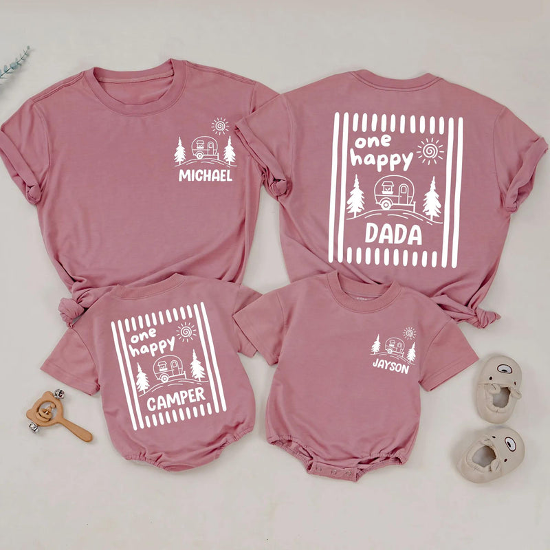 One Happy Camper Personalized Name Family Shirts and Baby Romper Minimalist Sage Green Camping Birthday Cotton Tees for Kids and Adults