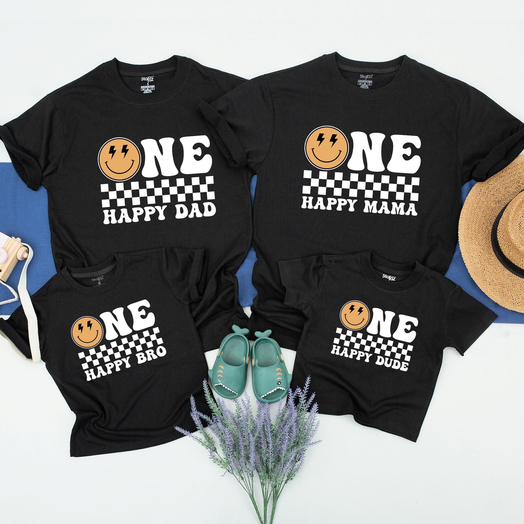 One Happy Dude 1st Birthday Shirt with Retro Smiley Face Design Matching Family Outfit Cotton Comfortable Celebration Wear