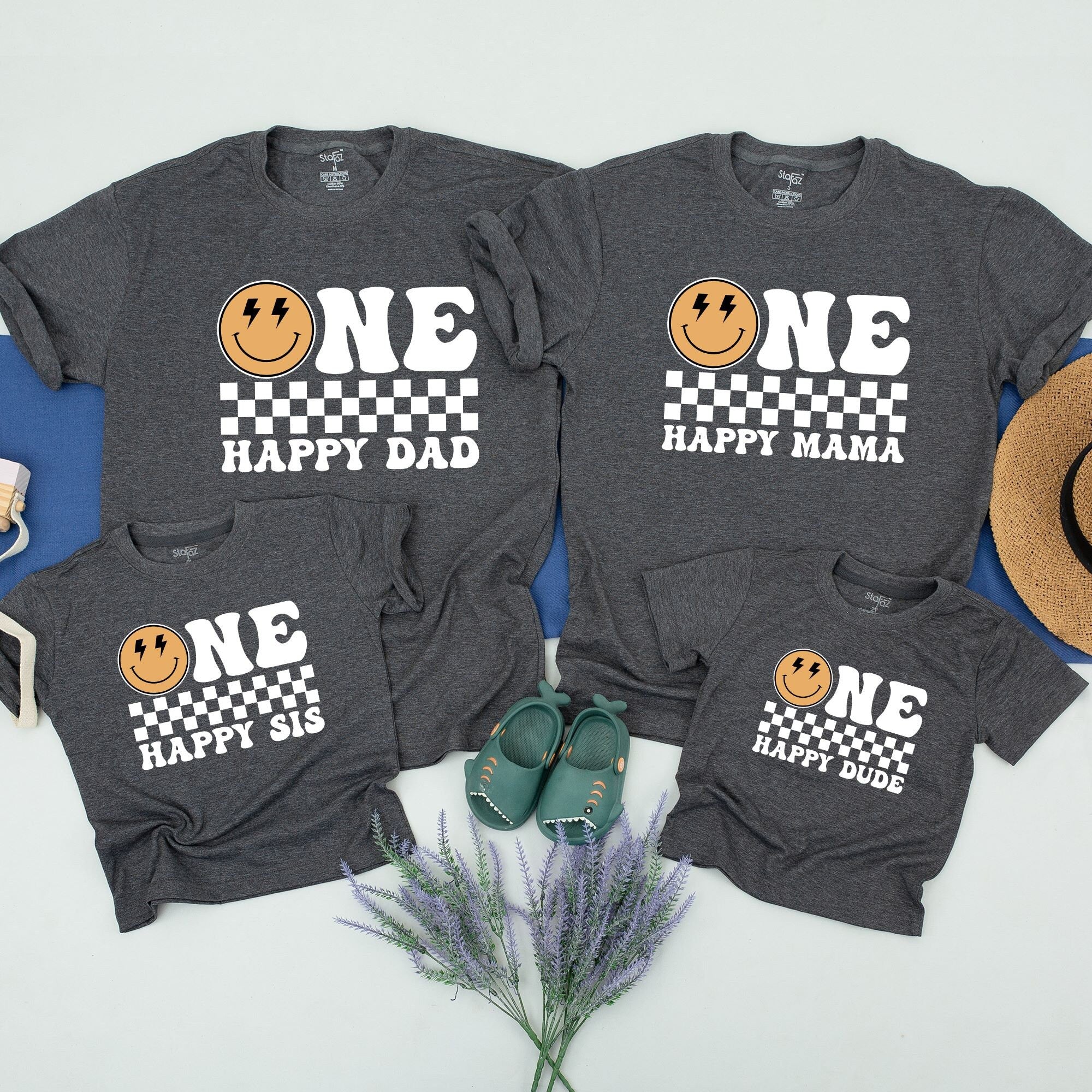 One Happy Dude 1st Birthday Shirt with Retro Smiley Face Design Matching Family Outfit Cotton Comfortable Celebration Wear