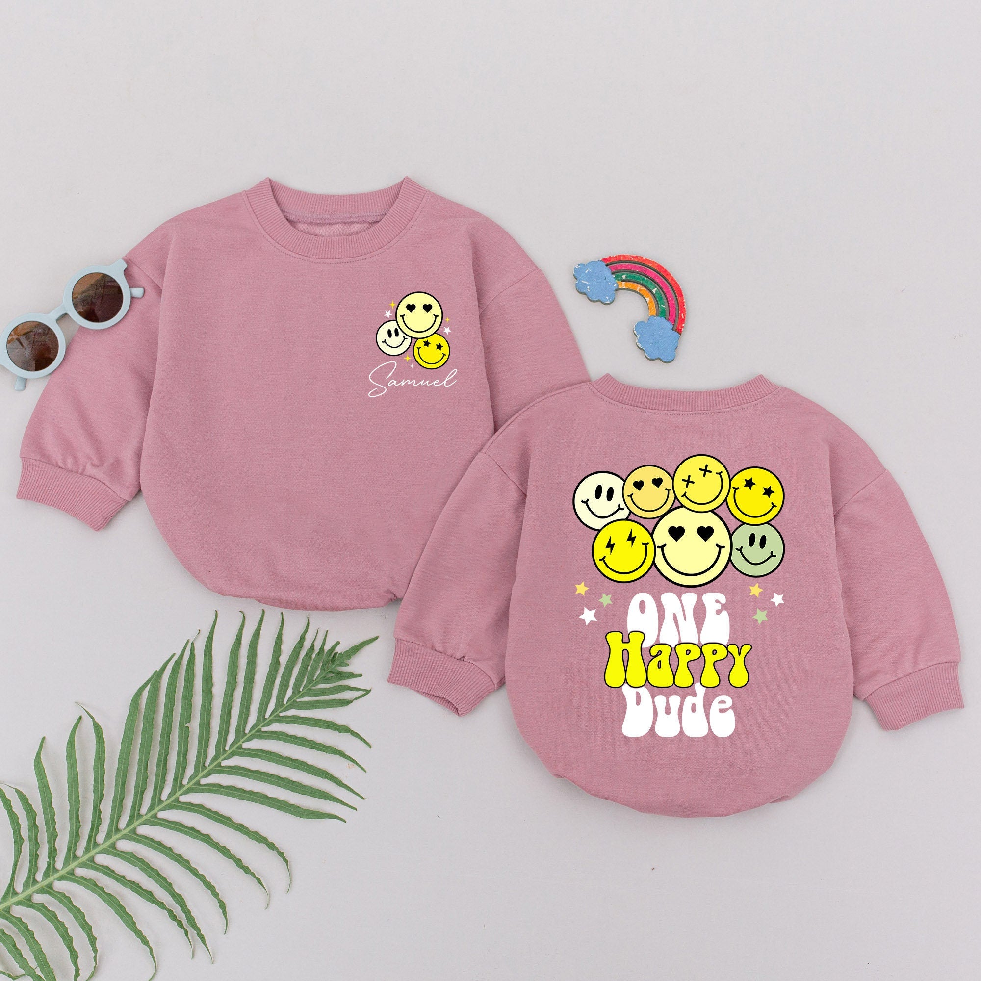 One Happy Dude Baby Romper with Smiley Faces First Birthday Outfit Cotton Gift for One Year Old Boy Comfortable Yellow Bodysuit