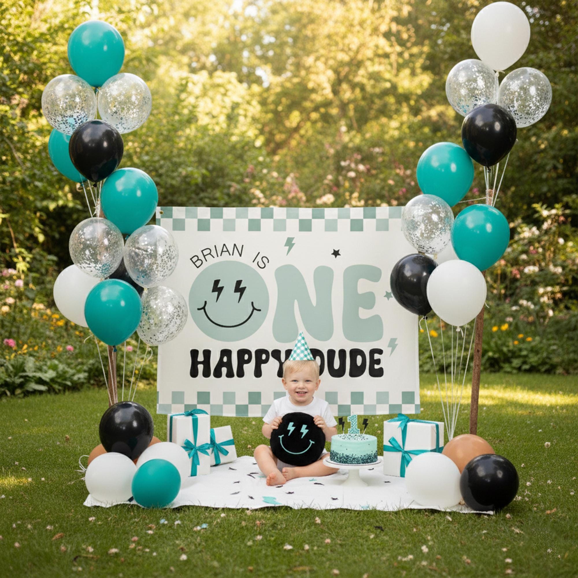 One Happy Dude Birthday Backdrop Personalized Retro Smiley Face Silk Banner for Boy's First Birthday Party Teal Checker Design