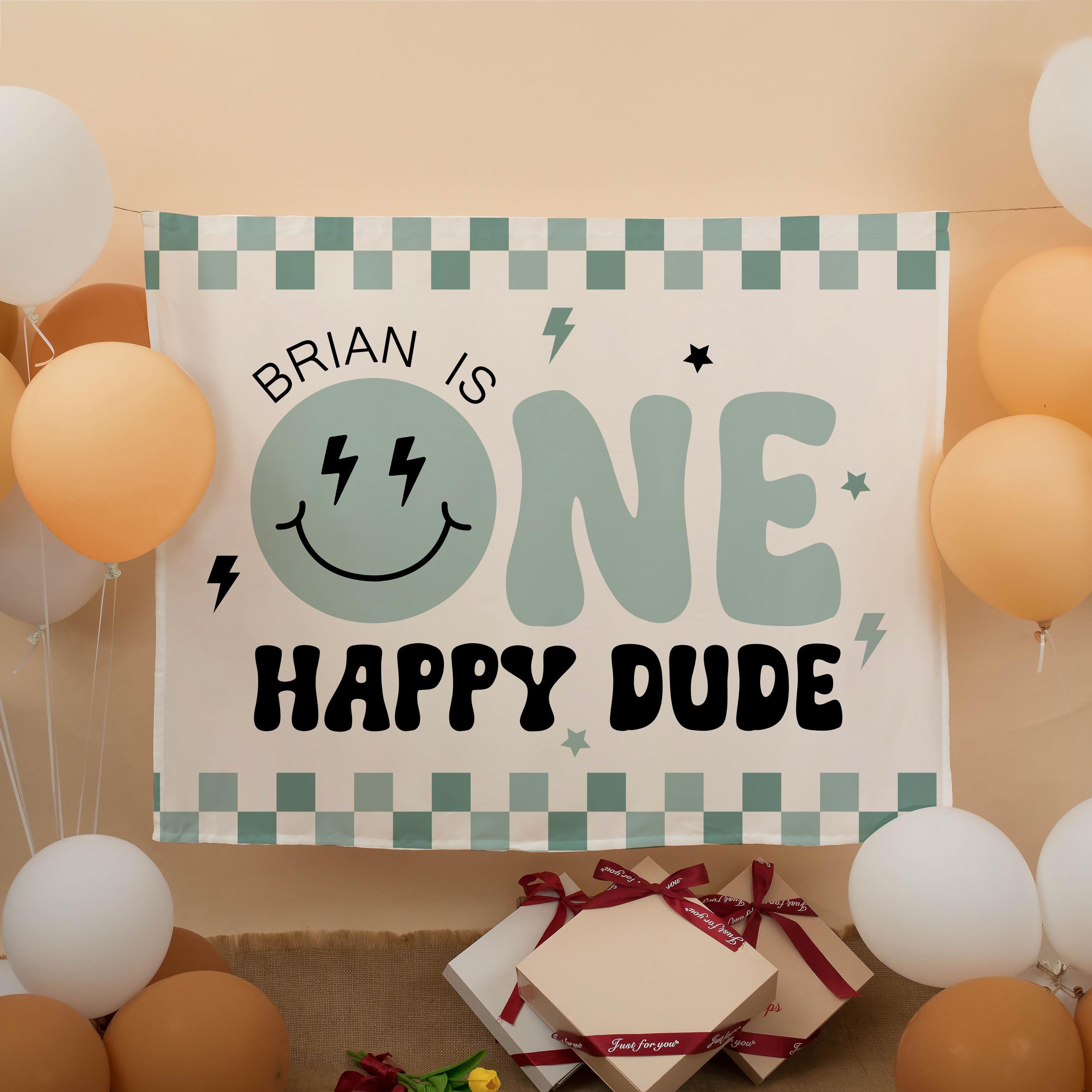 One Happy Dude Birthday Backdrop Personalized Retro Smiley Face Silk Banner for Boy's First Birthday Party Teal Checker Design