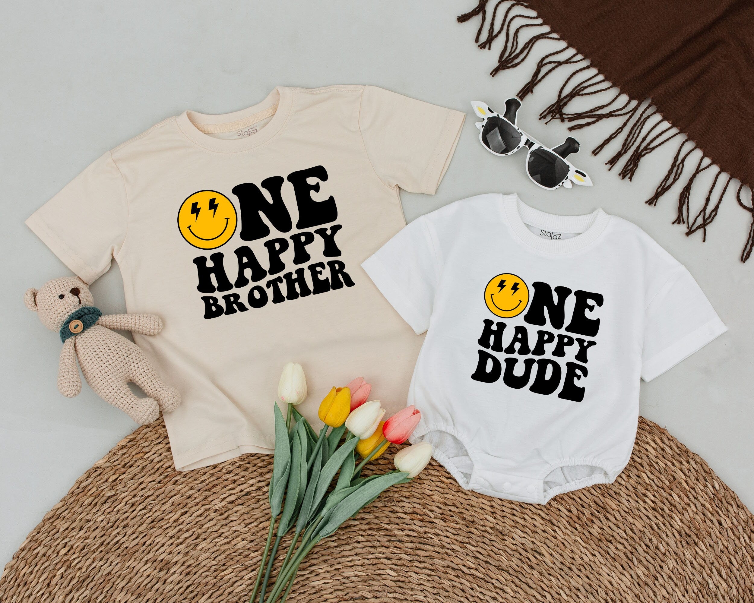 One Happy Dude Family Matching Shirts Smiley Face Baby First Birthday Outfit Gift Comfortable Cotton Fun Celebration Design