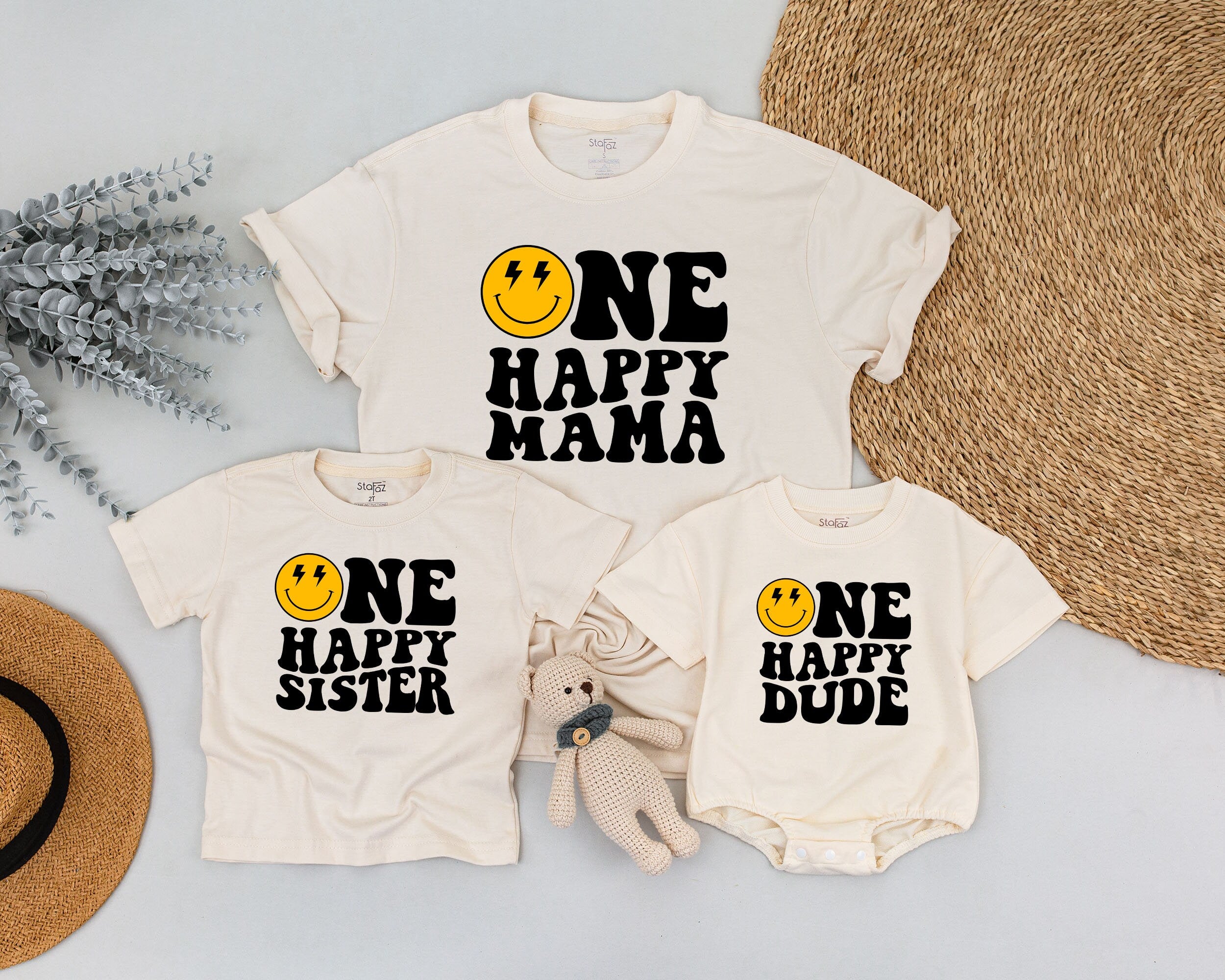 One Happy Dude Family Matching Shirts Smiley Face Baby First Birthday Outfit Gift Comfortable Cotton Fun Celebration Design