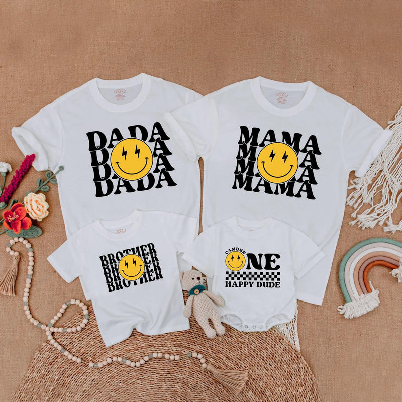 One Happy Dude Matching Birthday Shirt Retro Smiley Face Outfit for Baby 1st Birthday Gift Mommy and Me Family Tee Trendy Cotton Design