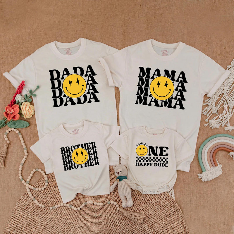 One Happy Dude Matching Birthday Shirt Retro Smiley Face Outfit for Baby 1st Birthday Gift Mommy and Me Family Tee Trendy Cotton Design