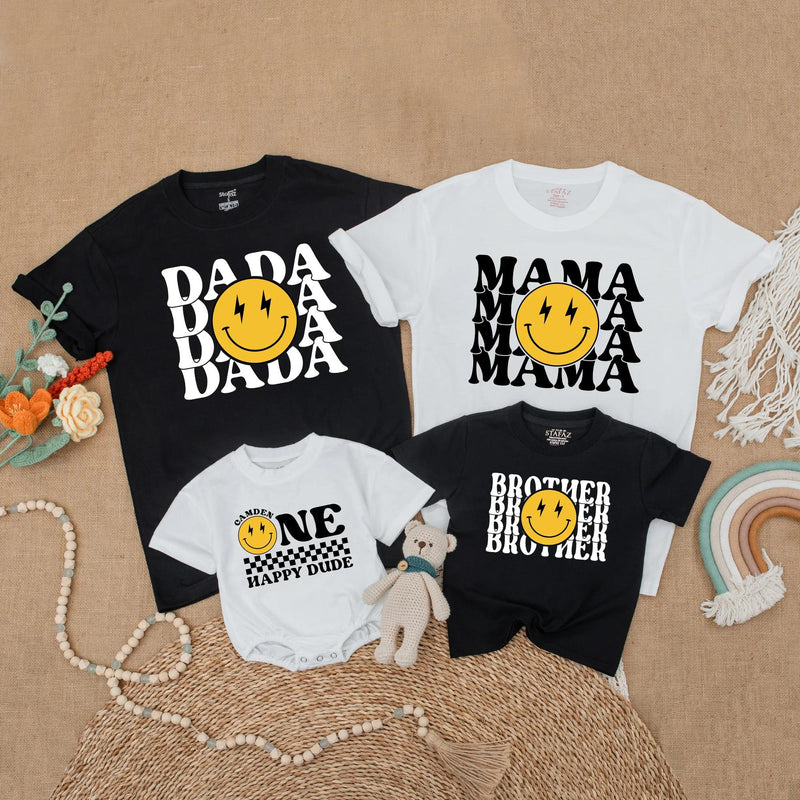One Happy Dude Matching Birthday Shirt Retro Smiley Face Outfit for Baby 1st Birthday Gift Mommy and Me Family Tee Trendy Cotton Design
