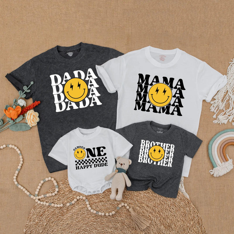 One Happy Dude Matching Birthday Shirt Retro Smiley Face Outfit for Baby 1st Birthday Gift Mommy and Me Family Tee Trendy Cotton Design