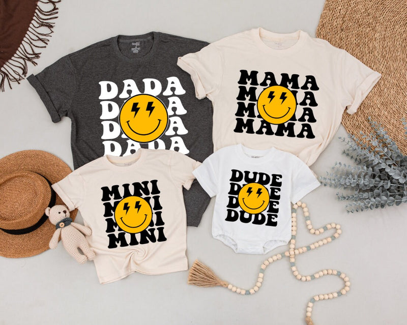 One Happy Dude Matching Family Birthday Shirts Distressed Smiley Face Retro Design Cotton Soft Playful Outfit Custom Name Baby Toddler