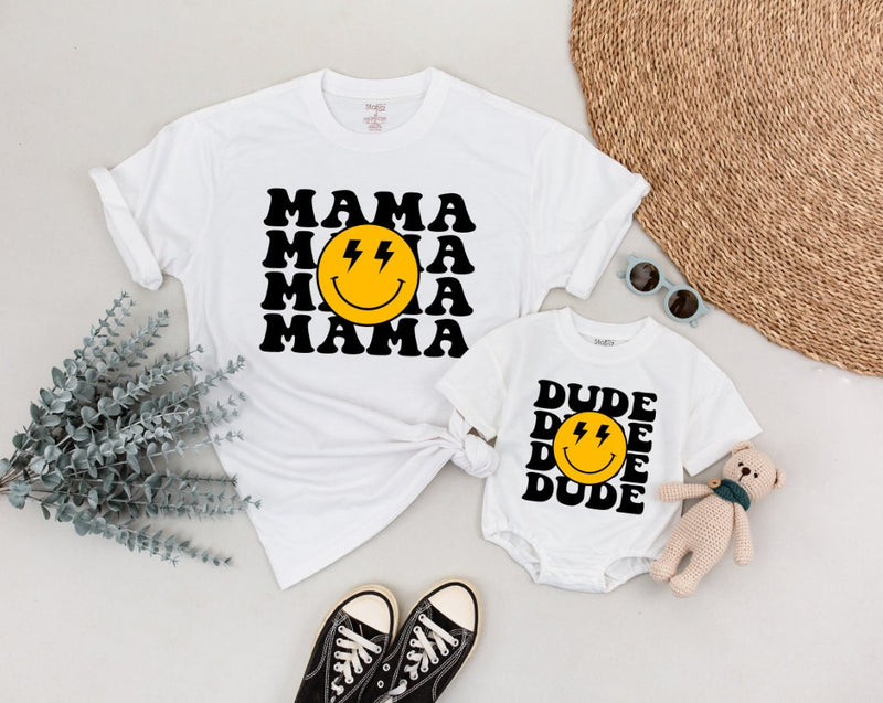 One Happy Dude Matching Family Birthday Shirts Distressed Smiley Face Retro Design Cotton Soft Playful Outfit Custom Name Baby Toddler