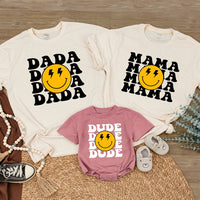 One Happy Dude Matching Family Birthday Shirts Distressed Smiley Face Retro Design Cotton Soft Playful Outfit Custom Name Baby Toddler