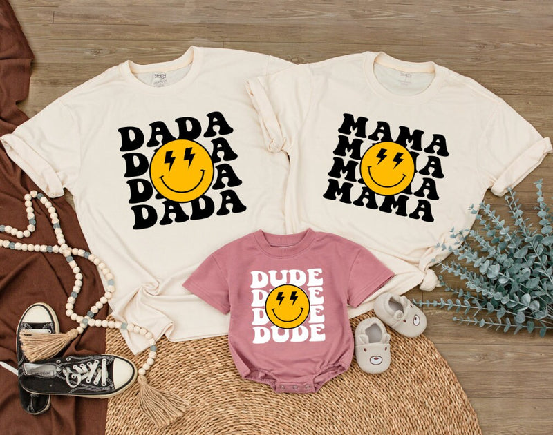 One Happy Dude Matching Family Birthday Shirts Distressed Smiley Face Retro Design Cotton Soft Playful Outfit Custom Name Baby Toddler
